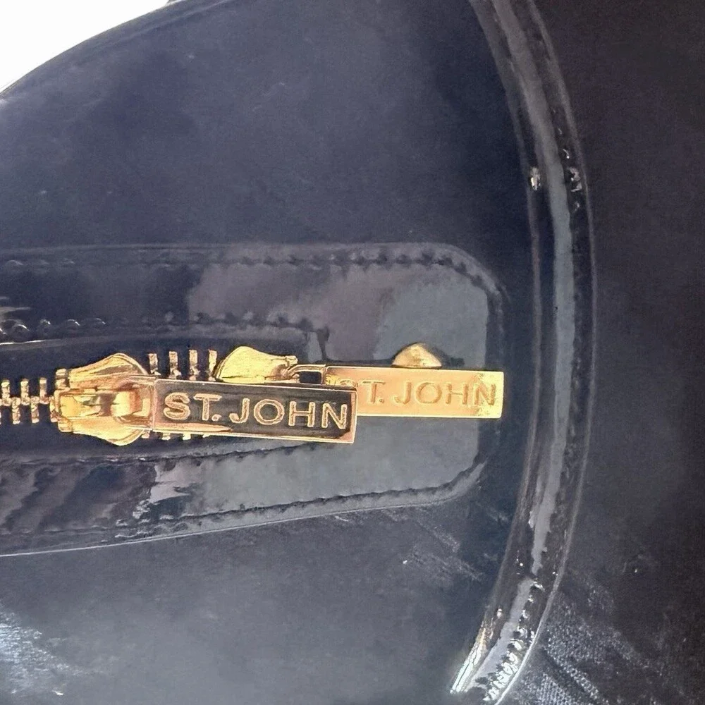 St. John Black Patent Logo Satchel Bag Gold Hardware Zip Top - Picture 3 of 12
